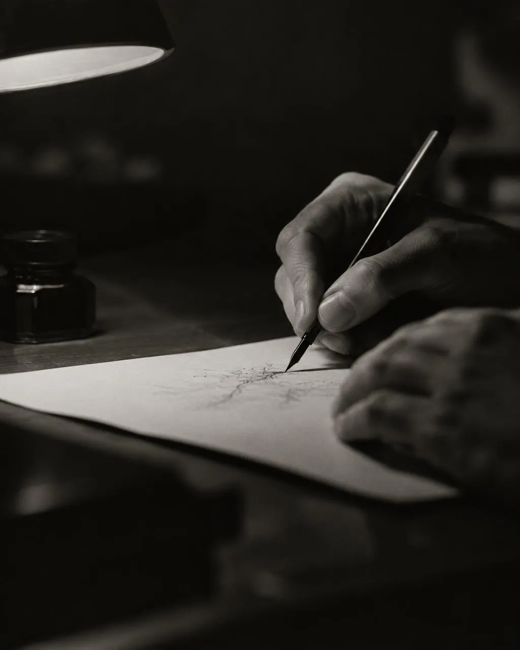 Artist's hands sketching fine linework beside an ink bottle