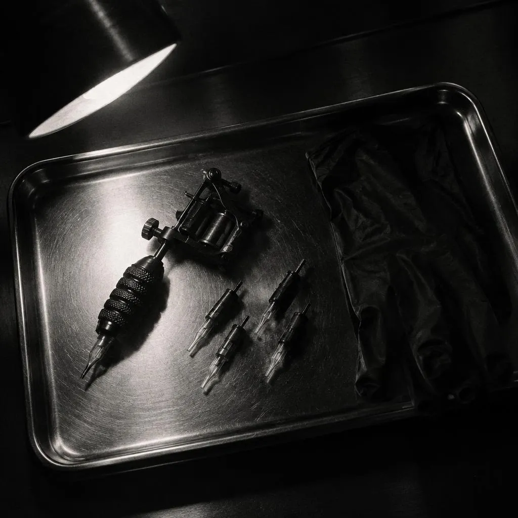 Tattoo machine, cartridges and a black glove on a steel tray