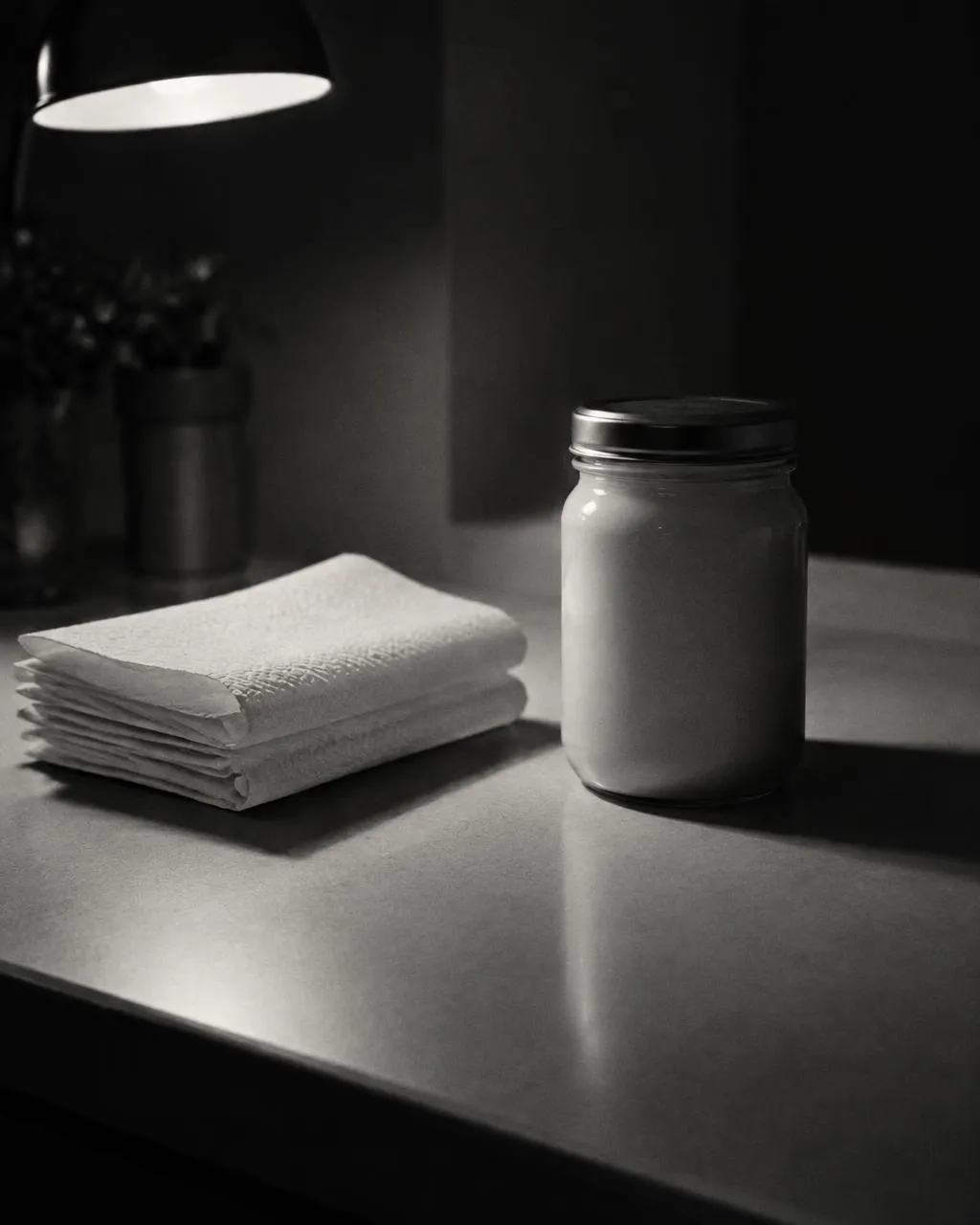 Clean studio counter with folded paper towels and a plain jar